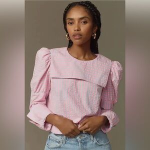 Maeve Anthropologie Puff Sleeve Pink Stripe Seersucker Blouse size Large
